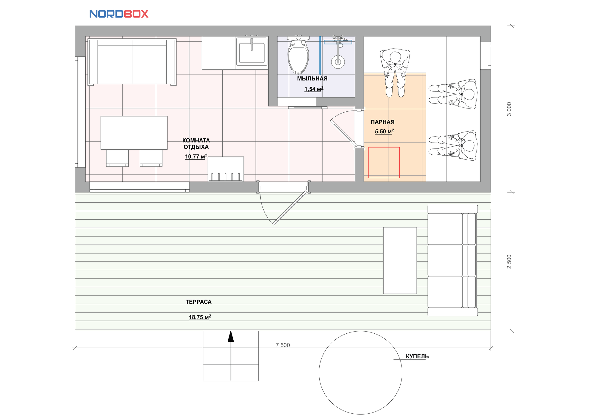 Планировка бани NordBox ХХL 23 с патио: расположение помещений